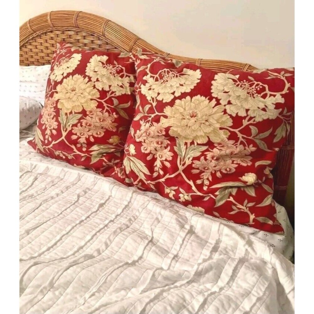 Pottery Barn Euro Pillow Cover Sham Set of 2Red Floral Linen Cotton Cottage Core
